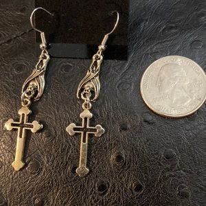 Gothic bats and crosses silver dangling earrings